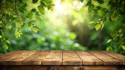 Canvas Print - A wooden tabletop with a blurred background of lush green foliage, sunlight, and natural bokeh. This image evokes nature, freshness, and tranquility.