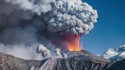 Wall Mural - A large volcano erupting with a huge plume of smoke, AI