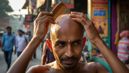 Poster - A man with a comb on his head in the middle of town, AI