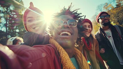 Wall Mural - Multi ethnic guys and girls taking selfie outdoors with backlight - Happy life style friendship