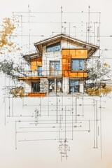 Wall Mural - Architectural sketch with pencil and markers of a house facade