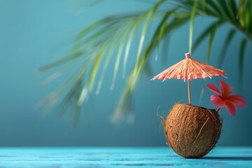 A web banner with a picture of a tiny tropical coconut bar with an umbrella on a blue backdrop, illustrating the idea of a summer holiday in Thailand.