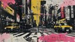 © SKIMP Art - This collage is cut and pasted on paper depicting the streets of Tokyo with a pink paint splash and black background in the style of a vintage pop art style Generative AI