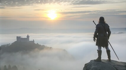 Sticker - A lone warrior stands on a clifftop overlooking a majestic castle shrouded in mist, with the sun rising behind them, symbolizing courage, determination, adventure, mystery, and a sense of awe.