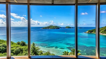 Wall Mural - A stunning panoramic view of a tropical island paradise, with crystal clear turquoise waters, lush green foliage, and a gentle breeze. This image evokes feelings of tranquility, relaxation, and escape