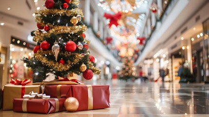 Festive Holiday Shopping Mall Decorated for Christmas Retail Season