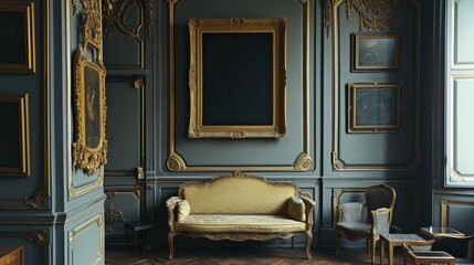 Ornate gold-framed paintings adorn the walls of a luxurious room with a plush gold sofa and antique chairs.