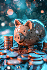 Wall Mural - A piggy bank is sitting on a pile of coins