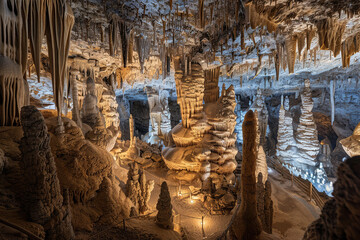 Wall Mural - Generative ai on theme of a large beautiful sharp stalactites hanging down from deep mountain cave