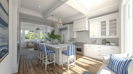 Wall Mural - A white kitchen with blue and white striped chairs and a white island