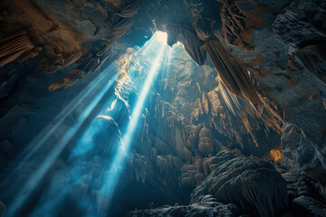 Wall Mural - Generative ai on theme of a large beautiful sharp stalactites hanging down from deep mountain cave