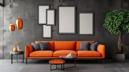 Modern living room interior with orange sofa, three frames on wall, a plant, and two coffee tables.