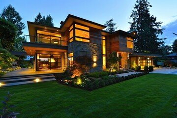 Wall Mural - Home With Lights On. Modern Exterior House at Twilight with Glowing Interior Lights and Landscaping