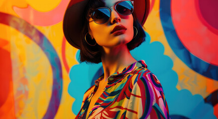 Wall Mural - A fashion photoshoot of an elegant a Asian woman wearing sunglasses and stylish , standing in front of colorful abstract shapes