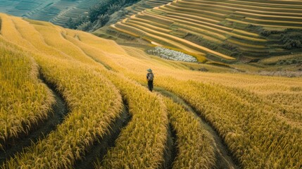 Wall Mural - Trekker exploring the rice terraces in Asia.