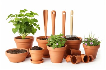 Poster - Growing Herbs and Flowers in Terracotta Pots With Gardening Tools at Home