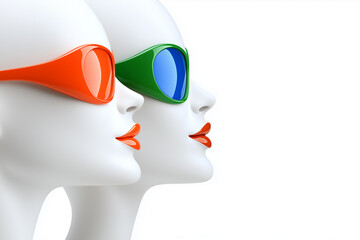 Two women wearing sunglasses with blue lenses. The sunglasses are orange and green