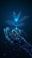 Wall Mural - Futuristic digital hand nurturing a glowing plant seedling, symbolizing technological advancement in harmony with nature's growth and sustainability