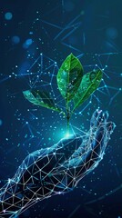 Wall Mural - Digital hand reaching for vibrant green leaves, symbolizing technology's connection to nature. Glowing network lines and particles create a futuristic atmosphere.