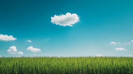 A serene landscape featuring lush green grass under a bright blue sky dotted with fluffy white clouds. 