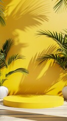 Wall Mural - Vibrant yellow backdrop with palm leaves casting shadows, creating a tropical ambiance. Empty circular podium for product display, evoking summer vibes.