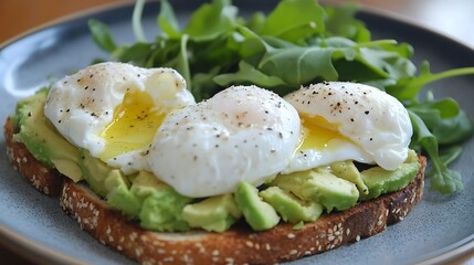 A delicious plate of avocado toast topped with perfectly poached eggs and a side of fresh arugula salad. 