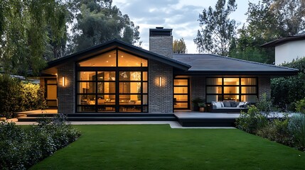 Wall Mural - Cottage style.A modern single-story house with large windows, surrounded by lush greenery and a well-maintained lawn, emanating a warm and inviting ambiance at dusk. 