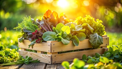 Sticker - A Celebration of Nature's Bounty: Freshly Picked Salad Greens in a Rustic Wooden Crate  Generative AI