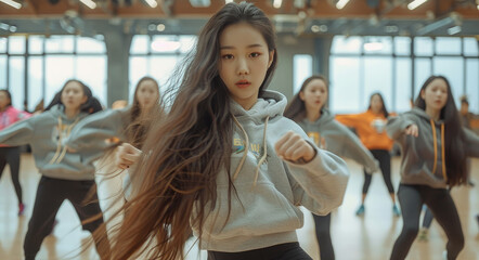 Wall Mural - A pretty Korean girl is dancing in the dance studio wearing black yoga pants and a white hoodie