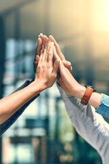 Fototapete - Team, business people and hands in office for high five, celebration or success for corporate project. Flare, employees or consultant in collaboration for achievement, support or cheers for well done