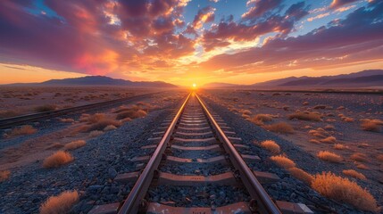 Wall Mural - Sunset over desert railway tracks in remote landscape