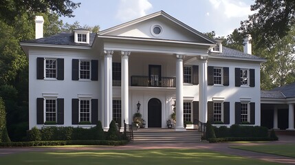 Wall Mural - Federal style.A grand and elegant white mansion with classic architectural features, surrounded by lush greenery and a well-manicured lawn, 