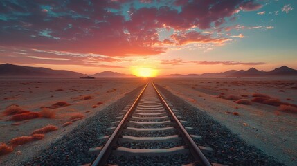 Wall Mural - Sunset over distant mountains along desert train tracks