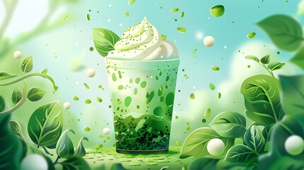 Matcha milkshare cartoon.A refreshing green beverage topped with whipped cream and surrounded by vibrant leaves, capturing the essence of nature and vitality. 