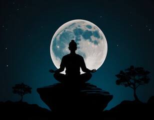 yoga in the moonlight, yoga in the night, silhouette of a person sitting on the moon