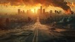 © FryArt - Apocalyptic sunset over abandoned city streets with fiery smoke rising