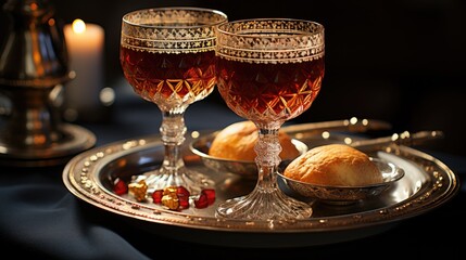 Wall Mural - Close-Up of Two Wine Glasses on Table, Passover  