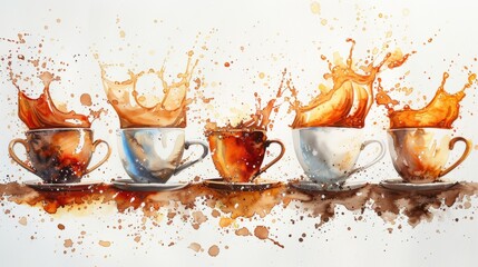 Poster - Artistic watercolor coffee cups with splashes in vibrant colors