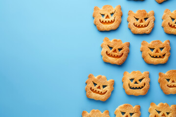 Wall Mural - Breads pattern in a shape of a Halloween pumpkin isolated on a blue background 