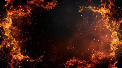 Poster - Dynamic flames illuminating a dark background with sparks in a fiery display