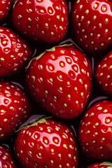 Poster - Macro background of a strawberrys surface featuring bright red skin dotted with tiny yellow seeds 