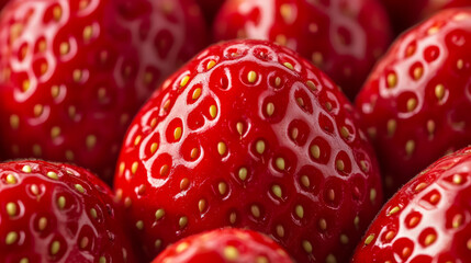 Sticker - Macro background of a strawberrys surface featuring bright red skin dotted with tiny yellow seeds 