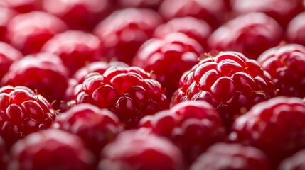 Wall Mural - Macro shot of a raspberry texture showcasing the deep red color and delicate drupelet structure 