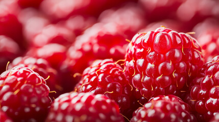 Wall Mural - Macro shot of a raspberry texture showcasing the deep red color and delicate drupelet structure 