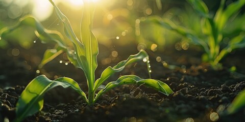 Close up planting of a maize plant Green young corn maize sprouts emerging from the soil Agricultural view with close up of corn seedlings in the earth