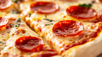 Poster - Macro shot of the texture of a pizza slice showcasing the melted cheese tomato sauce and crispy crust with pepperoni slices 