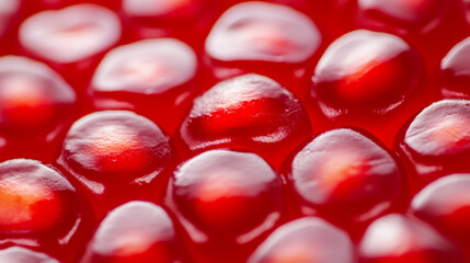 Wall Mural - Macro shot of the texture of a pomegranates interior filled with ruby red seeds and pale membrane 