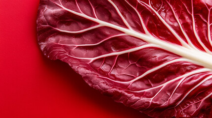 Wall Mural - Macro shot of the texture of a radicchio leaf highlighting the deep red surface with white veins 