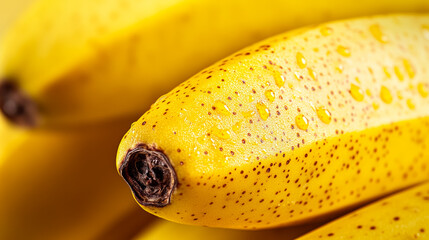 Wall Mural - Macro shot of the texture of a ripe bananas skin highlighting the yellow surface with brown speckles 