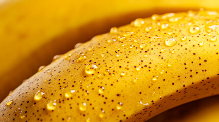 Wall Mural - Macro shot of the texture of a ripe bananas skin highlighting the yellow surface with brown speckles 